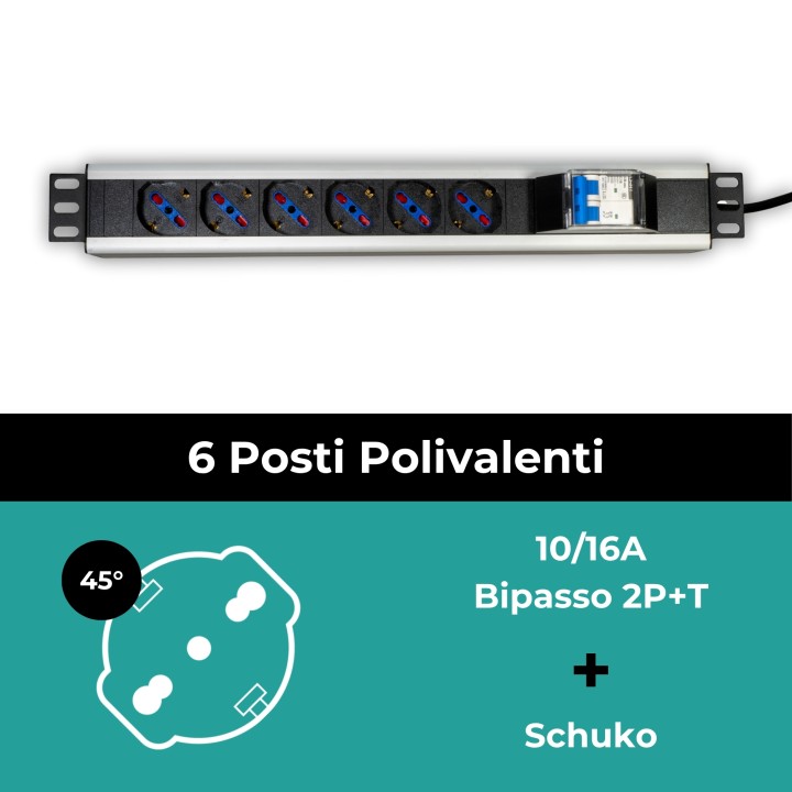 multipresa 6 posti con interruttore generale per armadi rack, 6 ingressi 10a/16a schuko, con attacco laterale